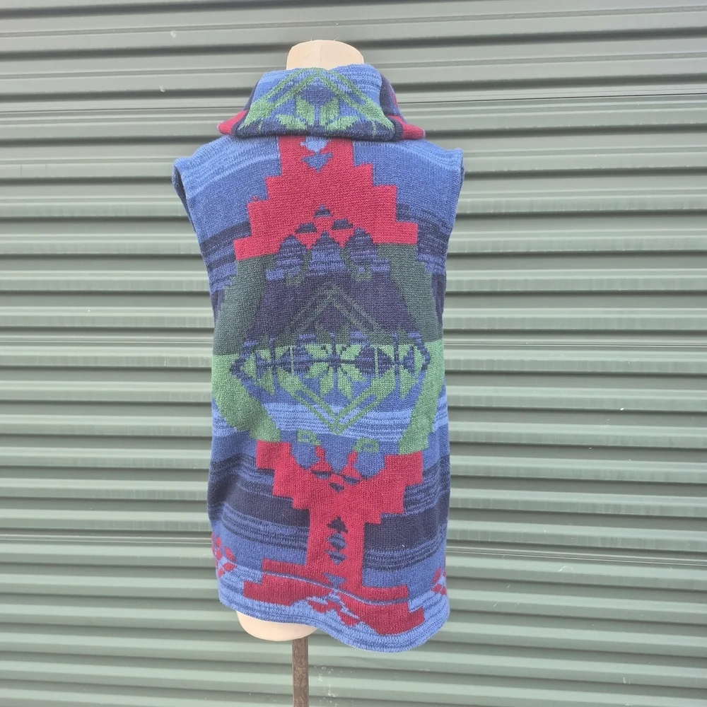 Chaps Denim Hooded Sweater Vest Large Southwest Aztec Tribal Knit Button Front